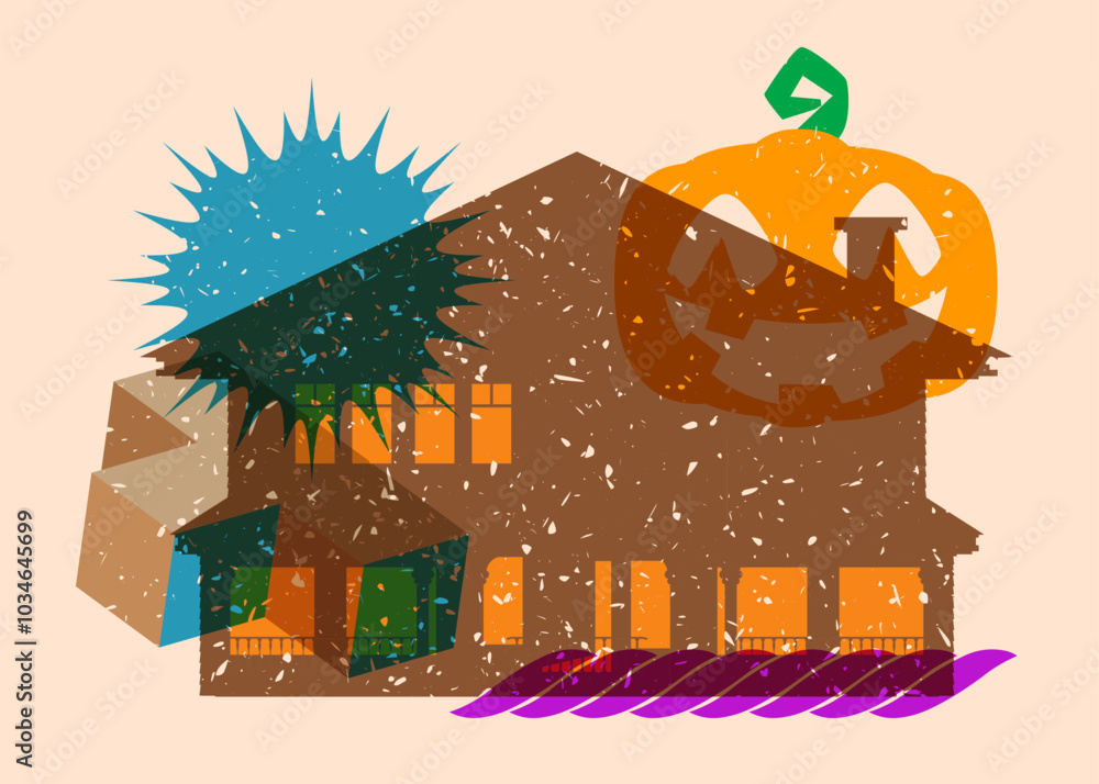 Poster risograph halloween pumpkin and house with geometric shapes. objects in trendy riso graph print text