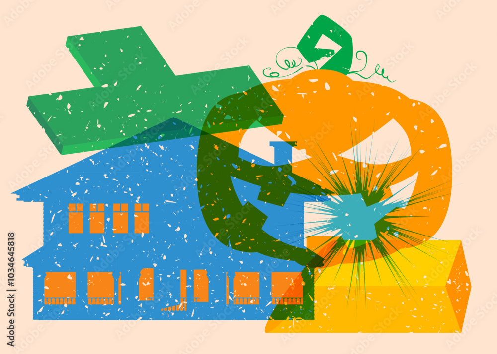 Poster risograph halloween pumpkin and house with geometric shapes. objects in trendy riso graph print text