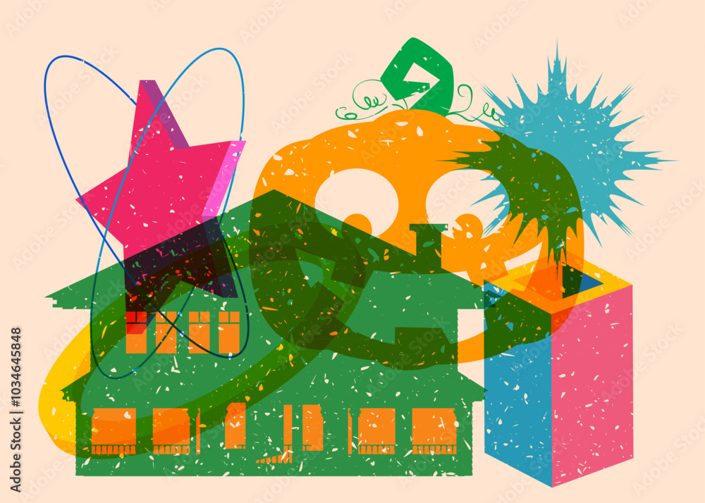Poster risograph halloween pumpkin and house with geometric shapes. objects in trendy riso graph print text