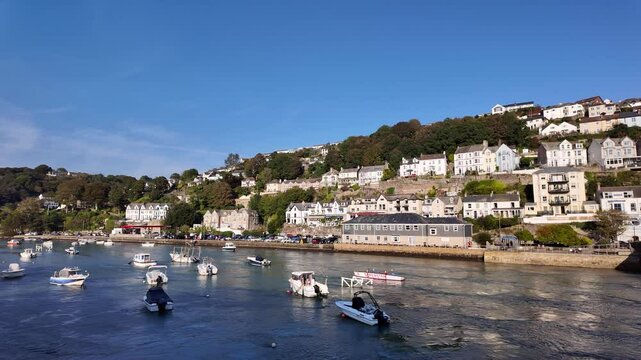 East Looe Cornwall England UK. 30.09.2024. Video. Upstream view of River Looe from Looe Bridge Cornwall UK