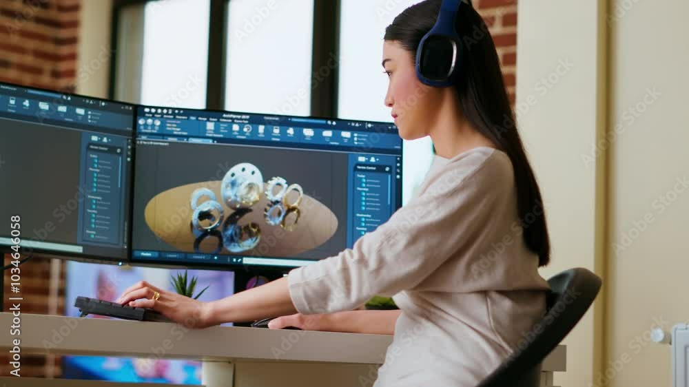 Aufkleber asian industrial designer puts headset on and works with 3d rendering software, creative freelance t