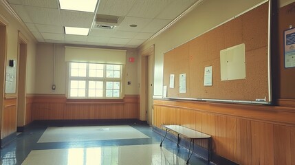 Empty hallway with wood paneling and a large corkboard.