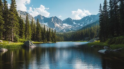 A serene lake surrounded by evergreen trees and majestic mountains under a clear blue sky during a sunny afternoon