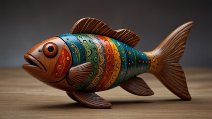 A colorful wooden fish figurine with intricate details sits on a wooden surface.