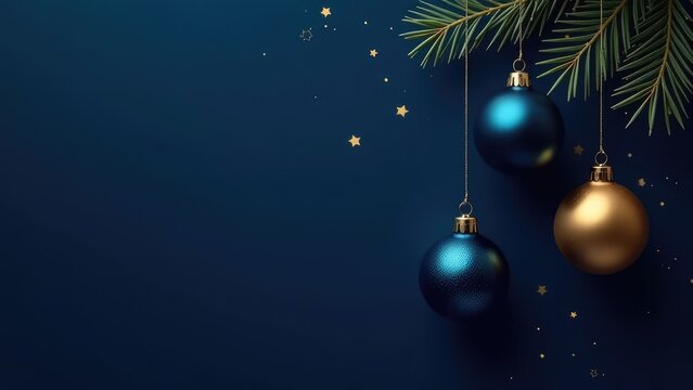 Blue and gold luxury Christmas balls ornaments, glitter blue paper gift box, fir branches on dark blue background. Xmas vertical banner design, Happy New Year party invitation card template.