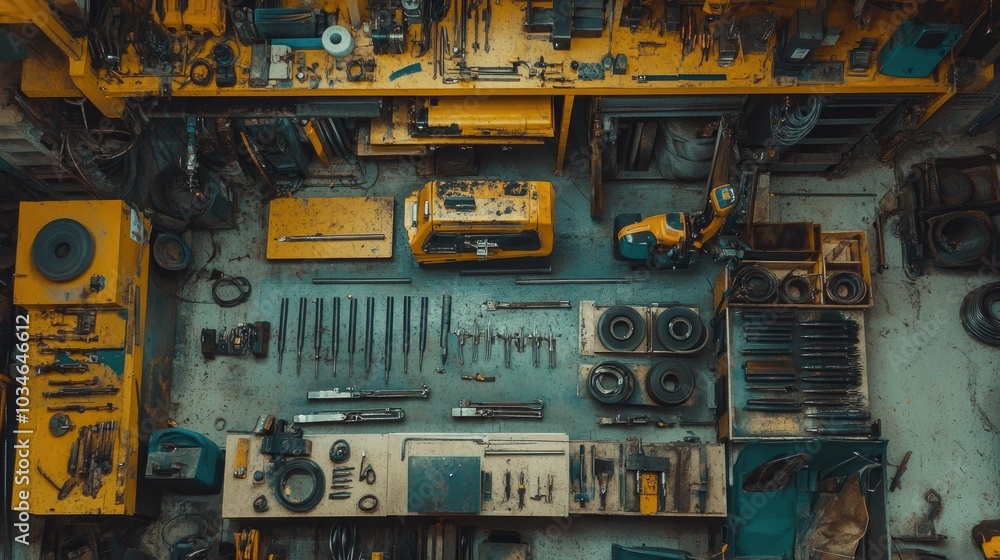 Poster overhead view of a tool workshop with equipment display