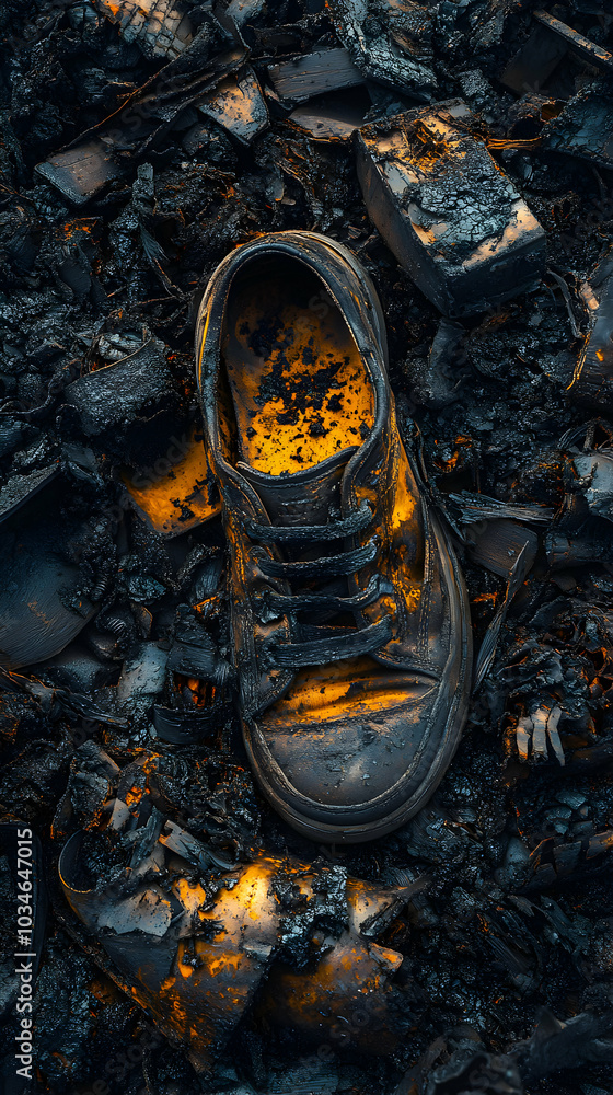 Poster a close-up view of a black shoe embedded in a black and yellow surface, showing texture and detail