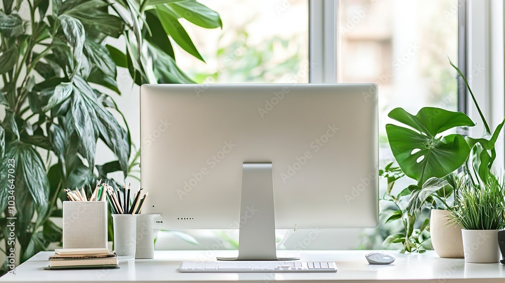 Poster a modern workspace surrounded by greenery with a view of a forest and sunlight streaming through the