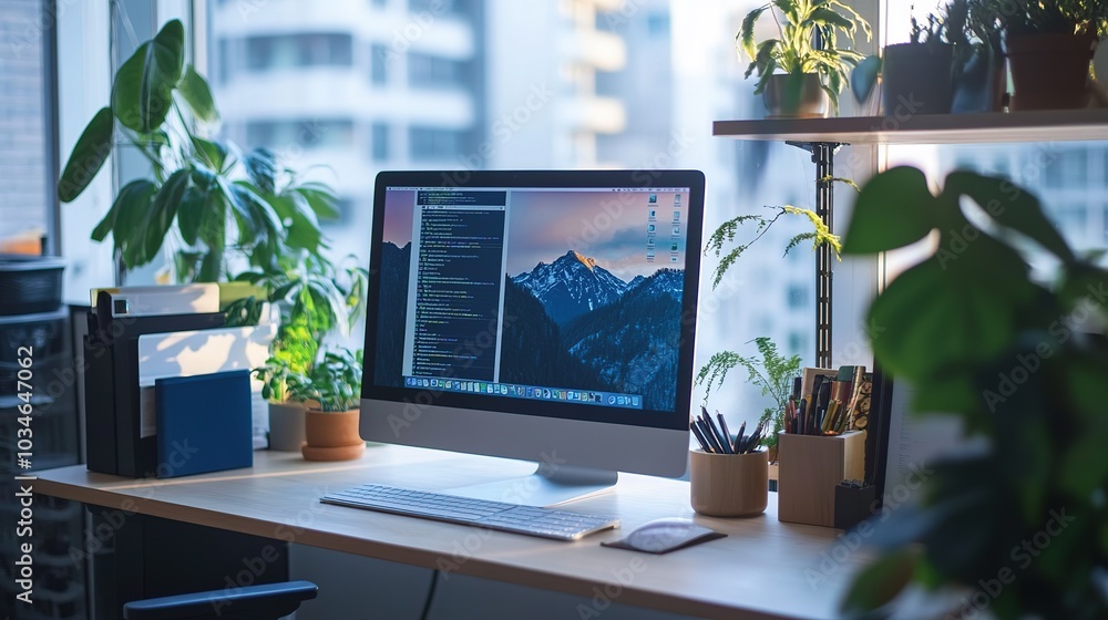 Aufkleber a modern workspace surrounded by greenery with a view of a forest and sunlight streaming through the