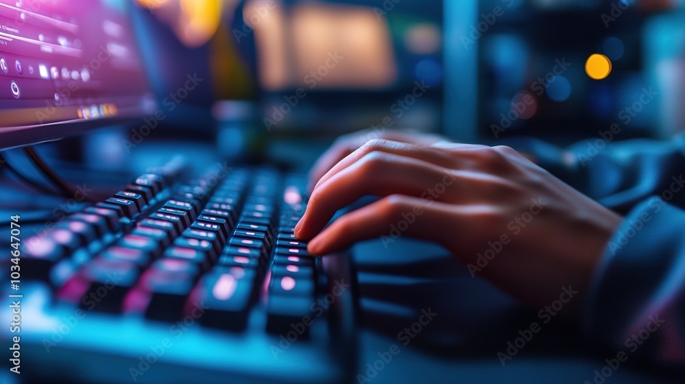 Poster hands typing on a black keyboard placed on a dark wooden surface in a dimly lit room, emphasizing fo