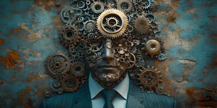 A Digital Art Illustration of a Man's Face Composed of Gears and Cogs Against a Rusted and Weathered Wall