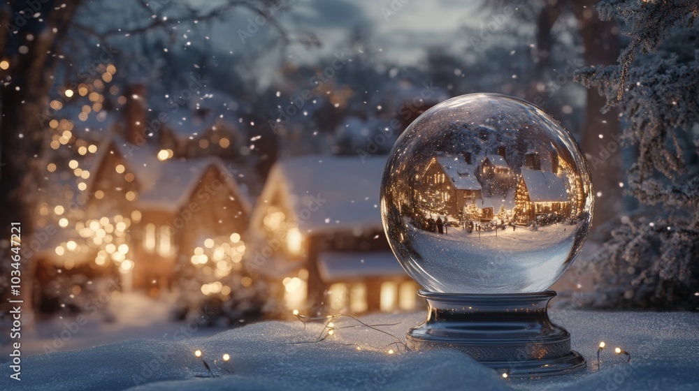 Poster a snow globe sits on a snowy surface with a village scene reflected inside. the village is illuminat