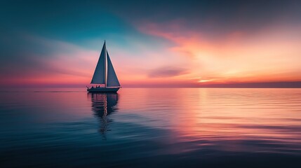 A serene sunset with a sailboat gliding across calm waters in a beautiful landscape