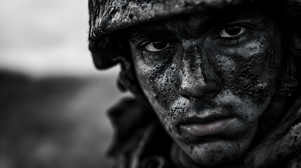 Close-up Black and White Photograph of a Soldier's Mud-Covered Face, Showing Determination and Intensity in His Gaze