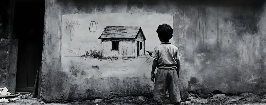 Fototapeta A Young Boy Points to a Simple House Drawing on a Weathered Wall