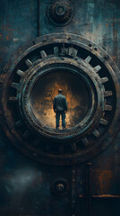 Fototapeta premium A lone figure stands within a circular opening of a massive rusted gear, looking out towards the unknown.