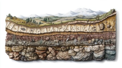 A cross-section of rock strata revealing layers of sediment and fossils from different geologic periods.