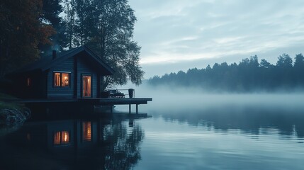 Fototapeta premium A cozy cabin with glowing windows reflects in the misty waters of a serene lake at twilight in a forested area