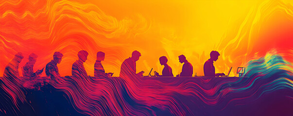 Silhouettes of People Working on Laptops in Front of an Abstract Wavy Background