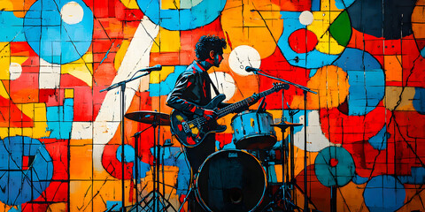 A Musician Plays Guitar and Drums in Front of an Abstract Colorful Wall