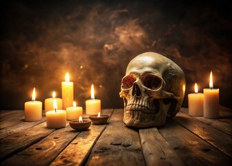 Creepy human skull with candles on a weathered wood table in dim light, evoking a haunting Halloween mood.