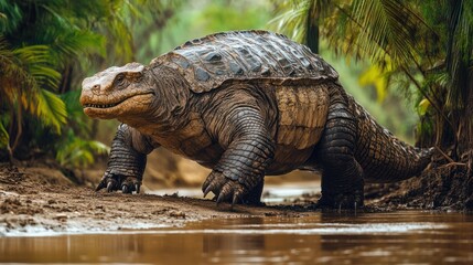 A giant, armored reptile walking along a muddy riverbank in a lush, tropical primeval forest.