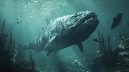 Fototapeta premium A giant prehistoric fish hunting smaller species in the murky depths of an ancient ocean, surrounded by marine life.