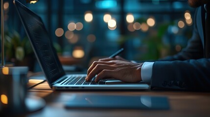 Person typing on a laptop displaying code at night in a dimly lit modern workspace