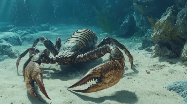 A giant sea scorpion lunging at a trilobite on the ocean floor, claws outstretched in a deadly attack.