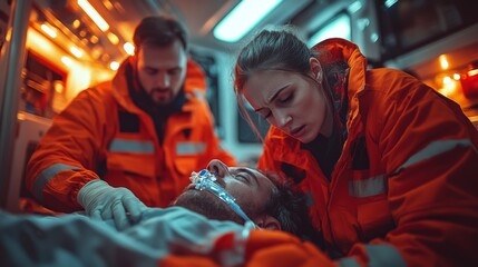 Medical personnel work diligently on an injured man in an ambulance, utilizing equipment and providing care in the low light of night.