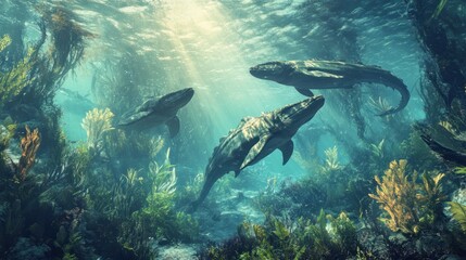 A group of ichthyosaurs swimming through an underwater forest of marine plants in a primeval sea.
