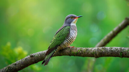 Fototapeta premium Graceful Cuckoo Bird Perched on a Tree Branch Surrounded by a Green Backdrop