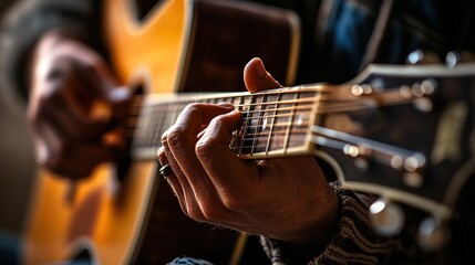 Fototapeta premium A person strumming an acoustic guitar in a cozy room, creating music during a relaxed afternoon