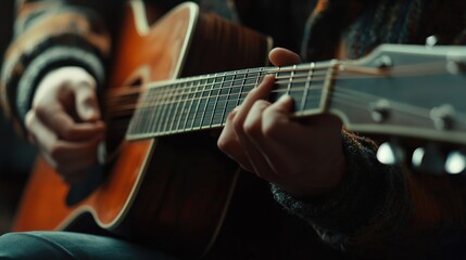 Fototapeta premium A person strumming an acoustic guitar in a cozy room, creating music during a relaxed afternoon