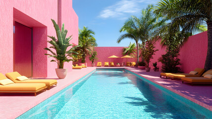 Obraz premium 3D Render of a Modern Pink Minimalist Poolside with Palm Trees and Loungers