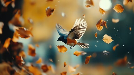 Fototapeta premium A Bird Flying Through Autumn Leaves