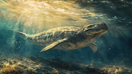 Fototapeta premium A large marine reptile swimming near the bottom of the ocean, hunting in the depths of a prehistoric sea.