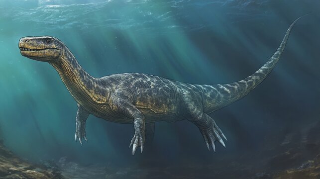 A massive plesiosaur swimming through a prehistoric ocean, its long neck stretching toward distant prey.