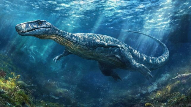 A massive plesiosaur swimming through a prehistoric ocean, its long neck stretching toward distant prey.
