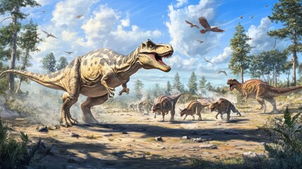 A pack of predatory reptiles attacking a herd of smaller dinosaurs in an open plain, chasing their prey.