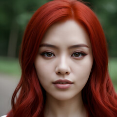 Fototapeta premium Portrait of a woman with vibrant red hair in a natural setting