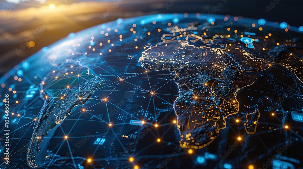 Poster a digital representation of earth showcasing interconnected networks and illuminated regions.