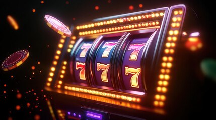 Neon lit retro slot machine glowing in dark casino, creating exciting atmosphere filled with anticipation and thrill