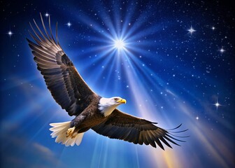 Eagle in flight across a starlit sky, with wings spread wide against a cosmic backdrop, symbolizing strength and freedom.