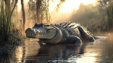 Fototapeta premium A prehistoric crocodile using its thick, scaly hide as protection against a larger predator in the swamp.