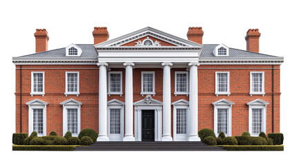 Fototapeta premium grand mansion featuring red brick exterior and elegant white pillars, showcasing classic architectural design. on transparent background