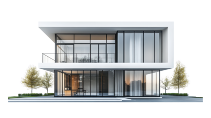 Modern mansion with tall, thin steel pillars and large glass windows, showcasing industrial design. structure is surrounded by trees, on transparent background