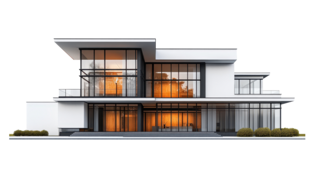 Modern mansion with tall, thin steel pillars and large glass windows, showcasing industrial design. structure exudes elegance on transparent background