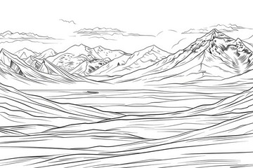 Coloring book illustration of a stunning snowy mountain range and valley on a sunny winter day with cold winds sweeping the peaks high in the range