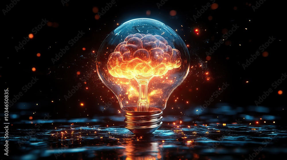 Poster bright light bulb in the shape of the brain bursting with color symbolizes the power of innovation a